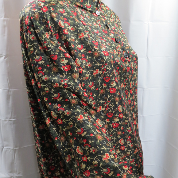 Silk Floral Print Button Up Blouse Top - Picture 3 of 4